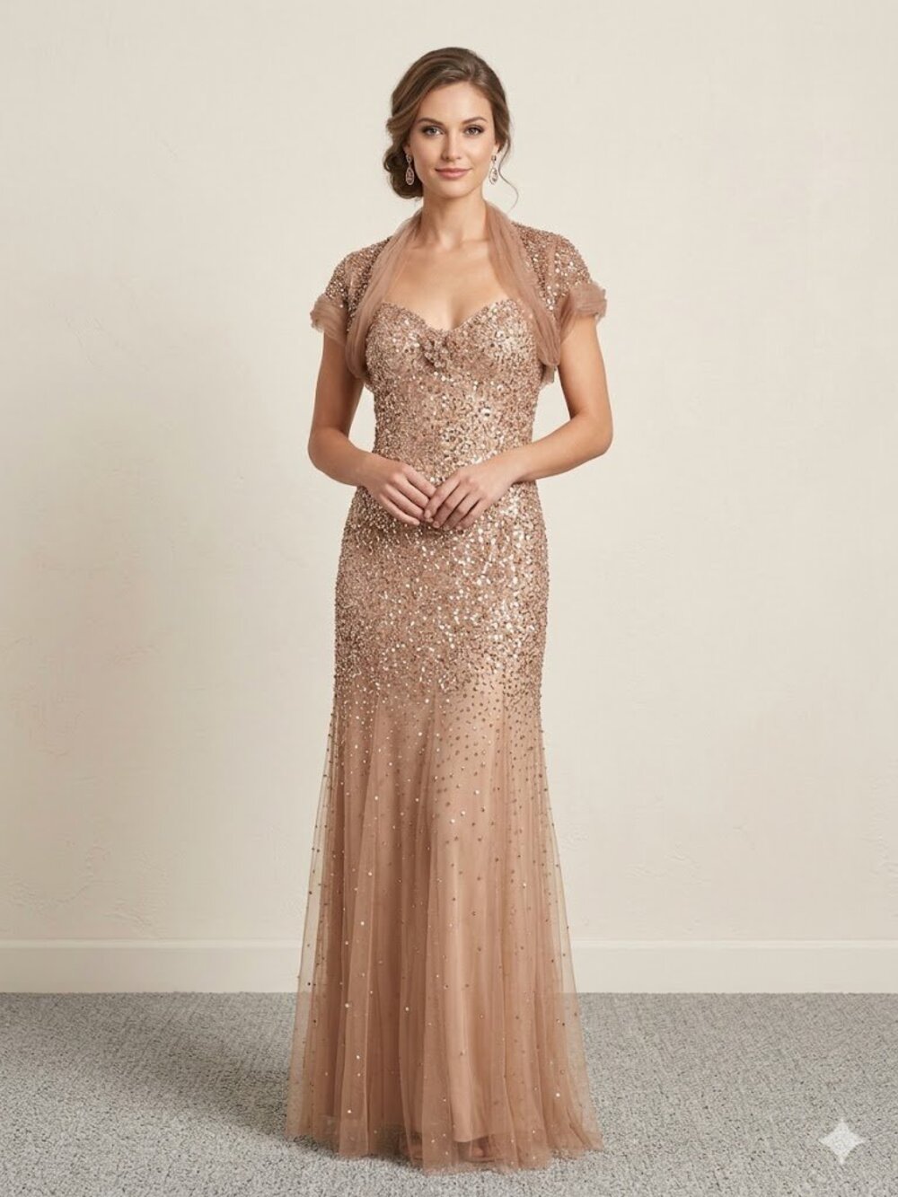 Montage by Mon Cheri Champagne Mermaid Cut Beaded Gown